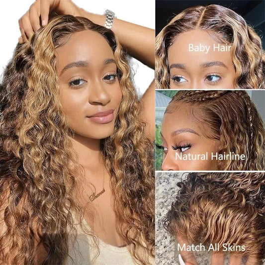 250 Density Highlight Ombre Colored Curly HD 13X4 Human Hair Brown Lace Front Human Hair Transparent Deep Wave Lace Frontal Wig